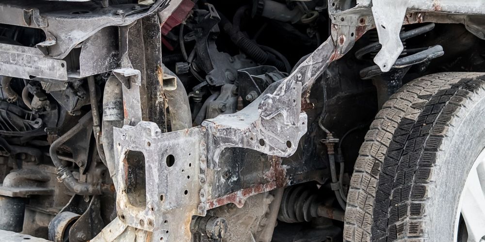 Damaged Vehicle Chassis With Frame Damage Exposed Parts